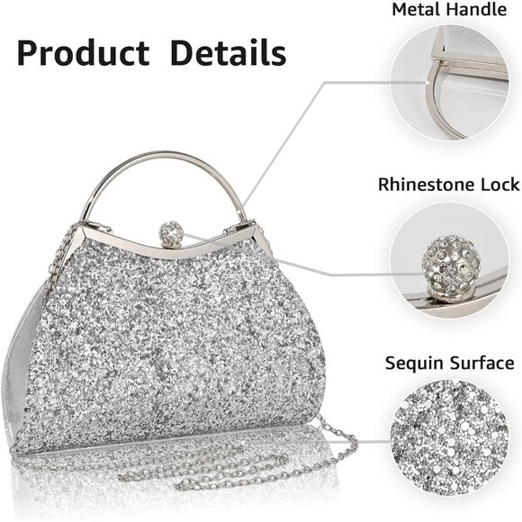Women's Silver Sparkly Evening Chain Strap Fashionable Shoulder Clutch Bag - Picture 2 of 7